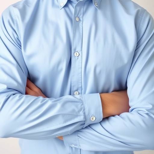 Camisa social azul clara de mangas compridas, ideal para o ambiente de trabalho.