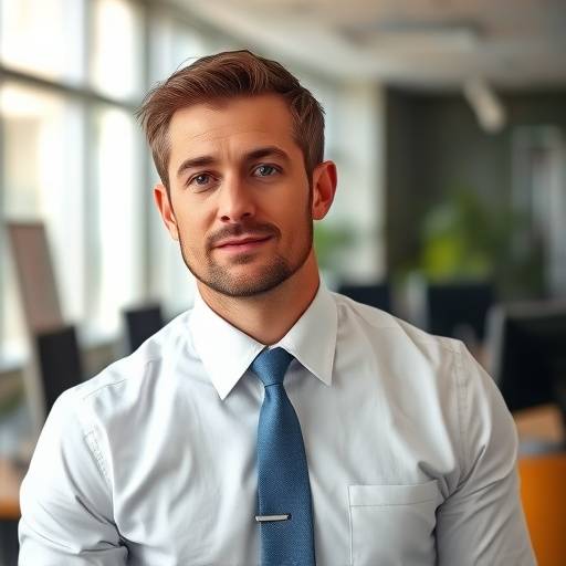 Homem usando camisa branca de algodão e gravata azul em um ambiente de escritório.