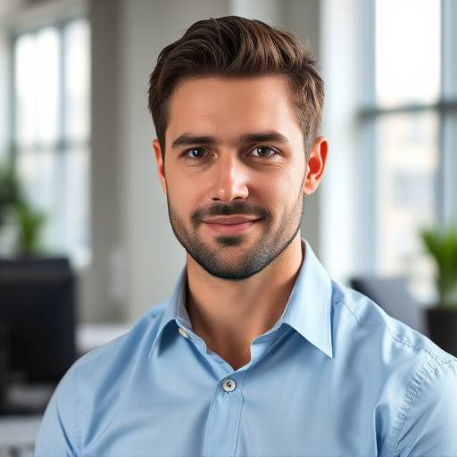 Homem vestindo uma camisa social azul claro em um ambiente de escritório moderno.