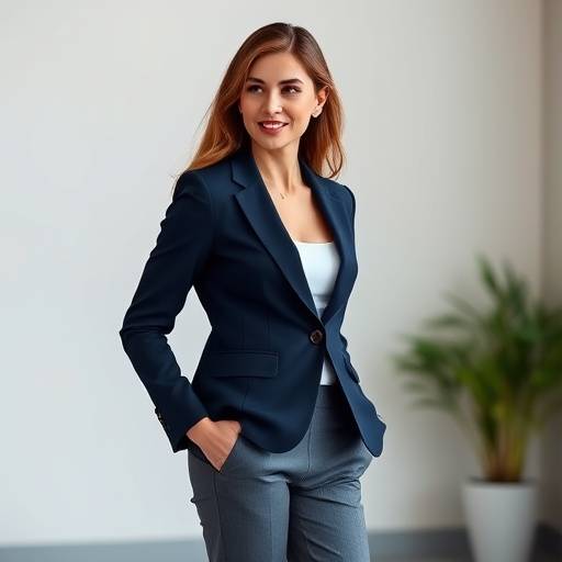 Mulher vestindo um blazer azul marinho elegante e caläa social cinza.