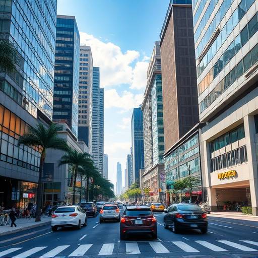 Vista da Avenida Paulista em São Paulo, mostrando edifícios comerciais e o movimento da cidade.